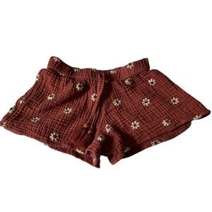 Rylee + Cru 6-7Y Embroidered Daisy Cotton Brick Red Tassel Drawstring Shorts